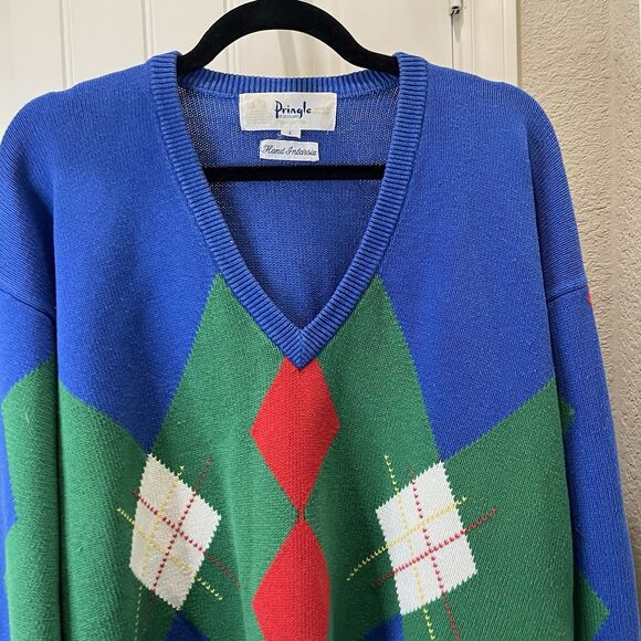 Pringle of Scotland Vintage V Neck Sweater Argyle Golf Style Cotton Mens Size L - Picture 2 of 9